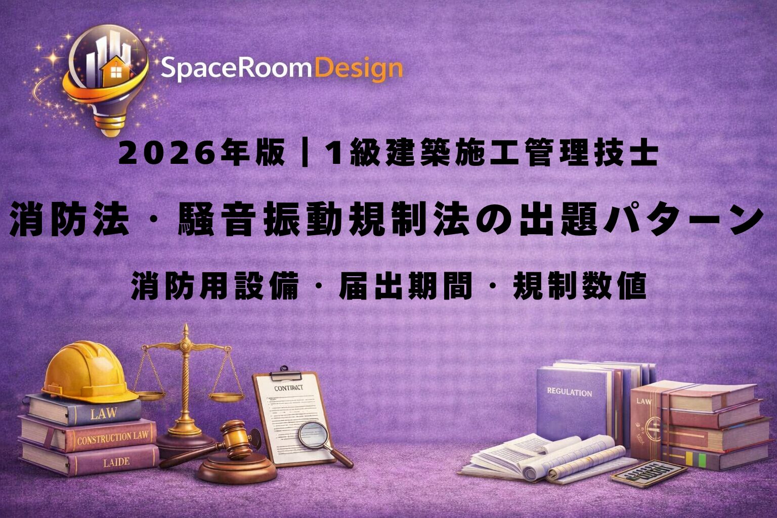 消防法と騒音振動規制法の重要ポイントを示した図。消防設備の区分、届出期限7日前・10日前、騒音85dB・振動75dB・作業時間7時〜19時を整理。