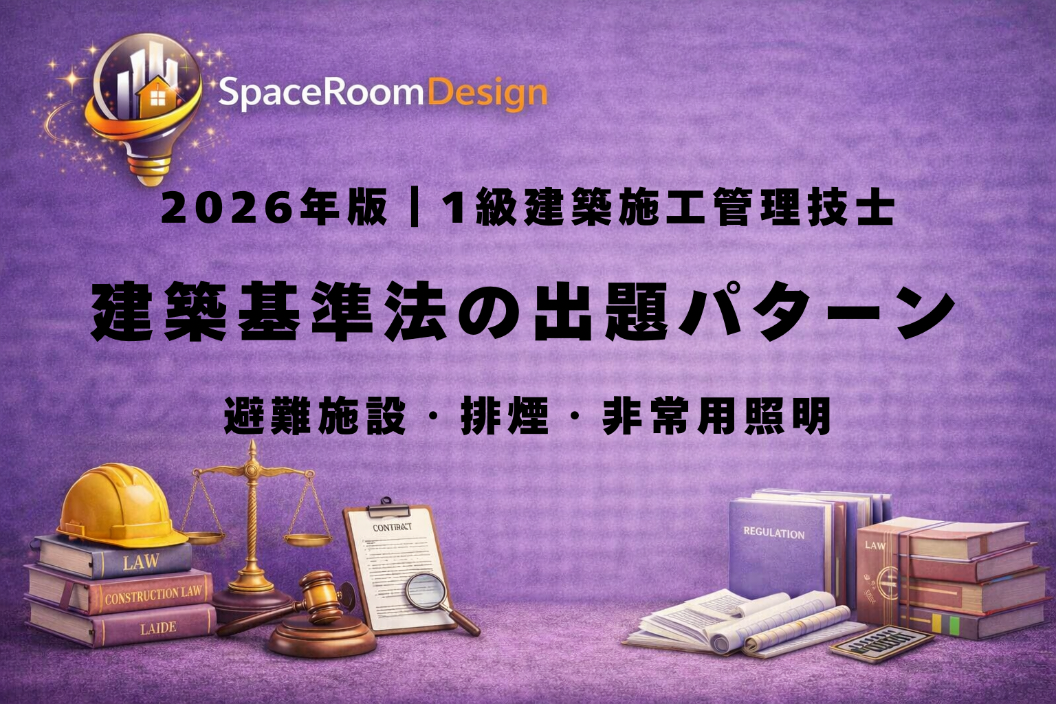 一級建築施工管理技士の建築基準法における避難施設の幅（1.2m・1.6m・1.8m）、排煙設備（1/50・50cm・80cm・500㎡）、非常用照明（1ルクス・0.5ルクス）を解説する図解